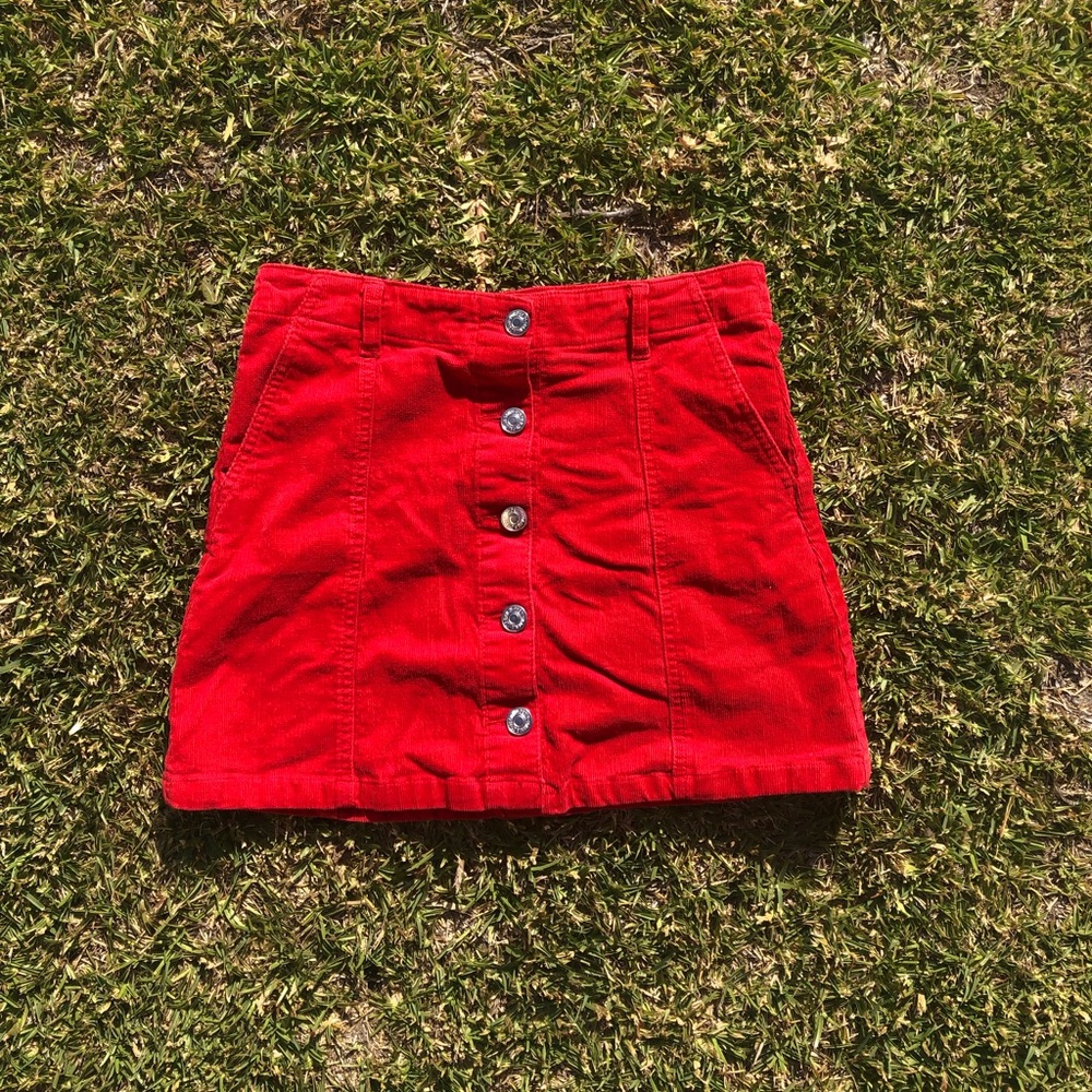 Red Corduroy Button up Mini Skirt
